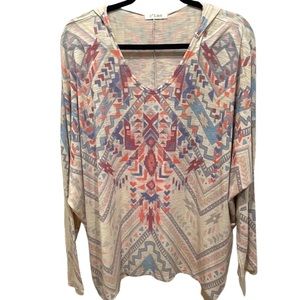 Boutique C’isa Hooded lightweight Southwestern Aztec Pattern Pullover Shirt L